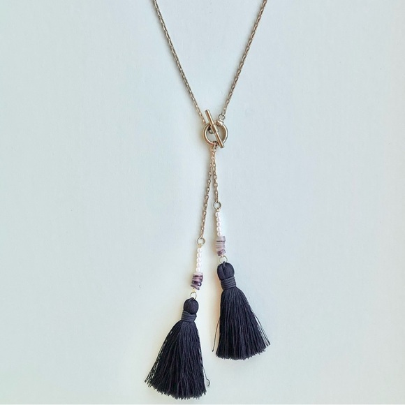 Black Tassel Necklace with Beads - Picture 3 of 5
